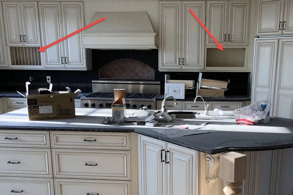 The cabinets had a dish rack and microwave shelf