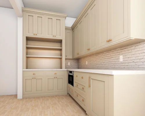 We are building a hutch-like unit on the far left to add make this space seem very custom.