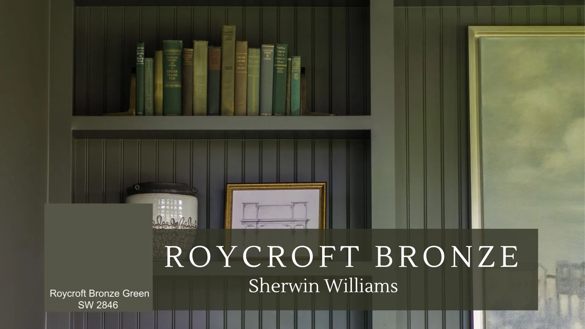 Roycroft Bronze Green Paint Color in The Arched Manor Home Office