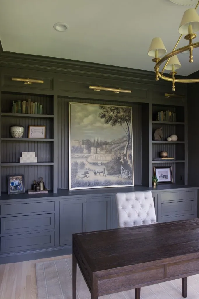 Roycroft Green Paint by Sherwin Williams on cabinetry in a home office