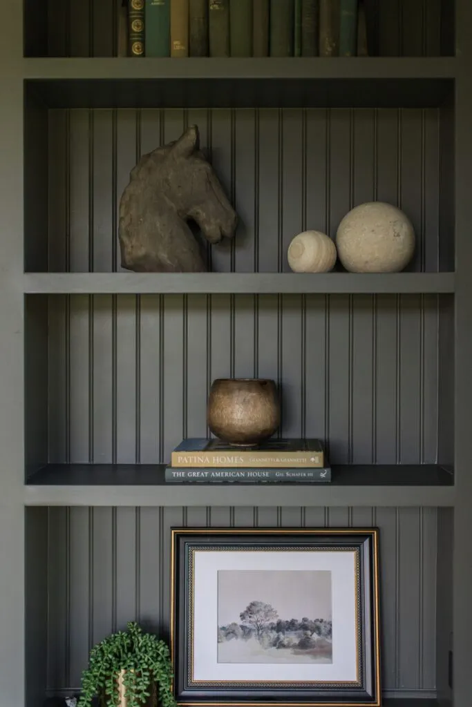 Closeup of cabinetry with Roycroft Green Paint by Sherwin Williams