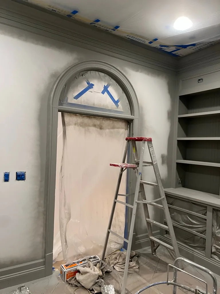 Office Built-in Shelves in our home office! Primer on the doorway.