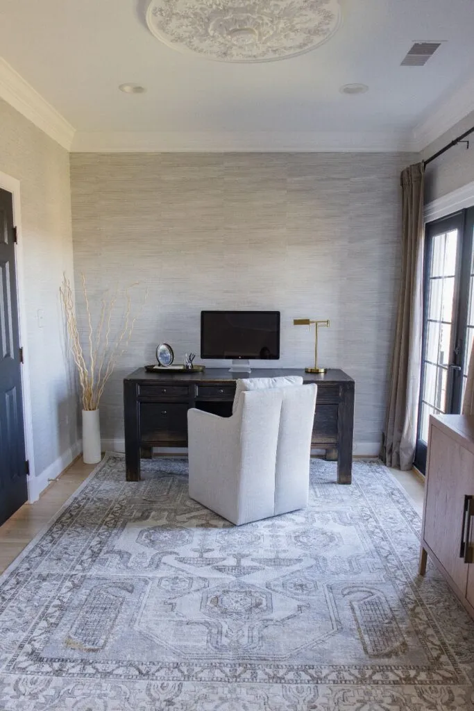 home office with peel and stick wallpaper