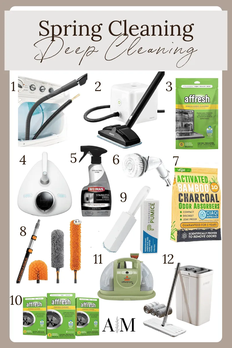 spring cleaning refresh, deep cleaning supplies, dryer vent cleaning kit, steam cleaner, dishwasher cleaning tablets, mattress vacuum cleaner with UV light, stainless steel cleaner, stone toilet bowl scrubber, charcoal odor absorbers, garbage disposal cleaner, portable carpet cleaner, squeeze mop and bucket