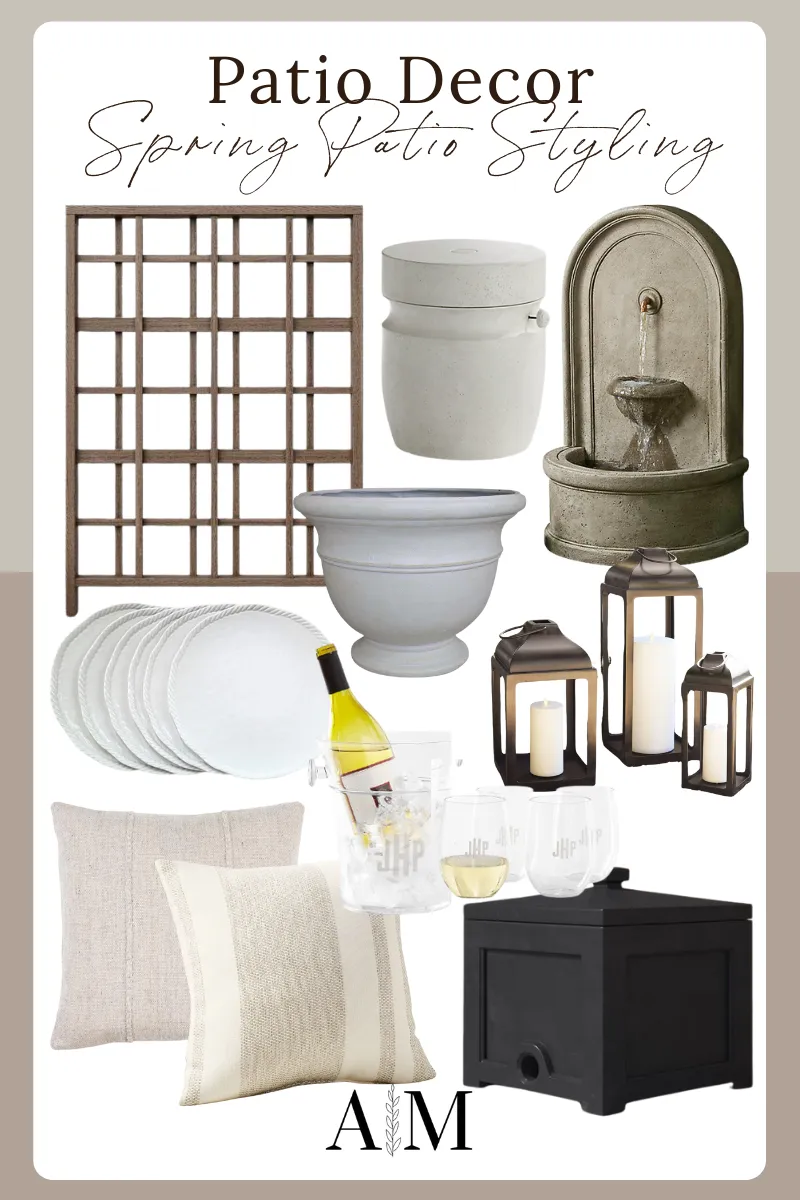 spring patio decor finds, accent/end table, candle lanterns, throw pillows, plates, planter
