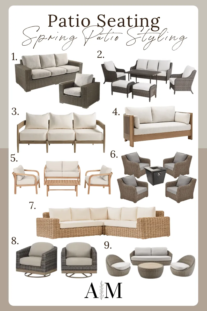 patio seating options, wicker outdoor chairs with cushions, wicker patio sectional, patio seating set