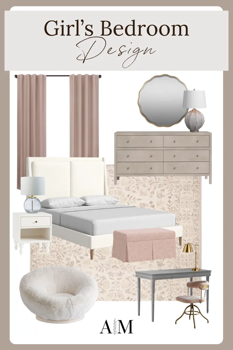 girl's bedroom design, pink curtains, round mirror, table lamp, dresser, bed, nightstand, floral area rug, pink storage bench, faux fur accent chair, desk, gold table lamp, clear table lamp, pink faux fur desk chair