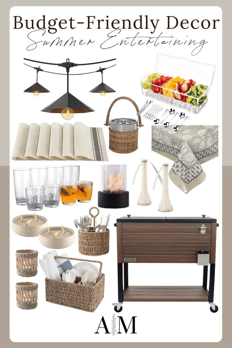 budget-friendly decor finds, hanging string lights, serving trays, wicker ice buckets, tablecloth, BBQ fly fans, standing cooler, candle holder, wicker candleholders, utensil holder