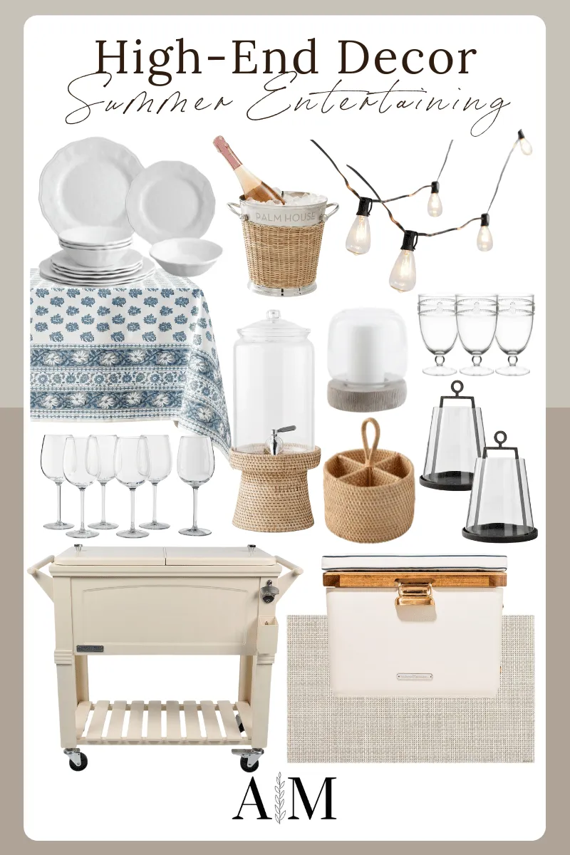 high-end decor, summer entertaining, dinnerware set, tablecloth, ice bucket, string lights, goblets, lanterns, cooler, outdoor rug, standing cooler, wine glasses