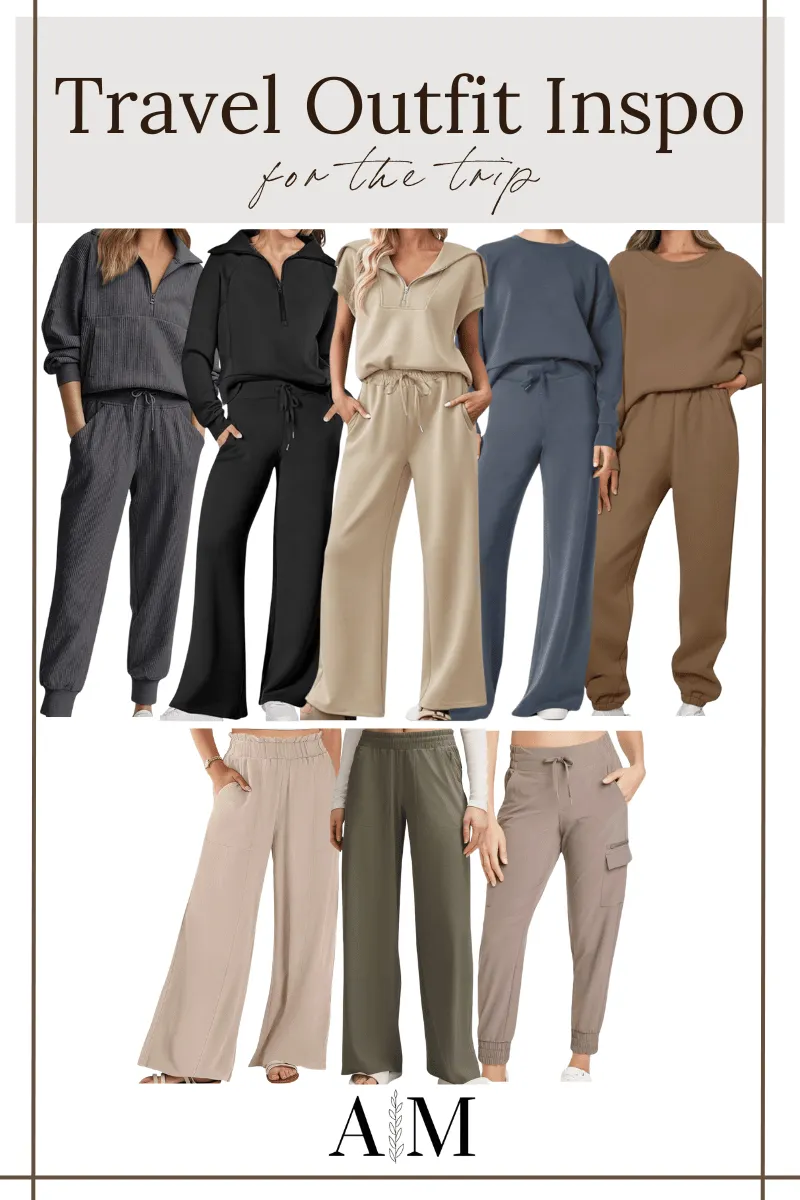Travel outfit inspo for the trip, matching lounge sets, Dark Grey Tracksuit, Black Matching Set, Beige Lounge Set, Dark Blue Pullover, Dark Blue Lounge Pants, Brown Matching Set, Tan Linen Pants, Army Green Pants, Cargo Joggers