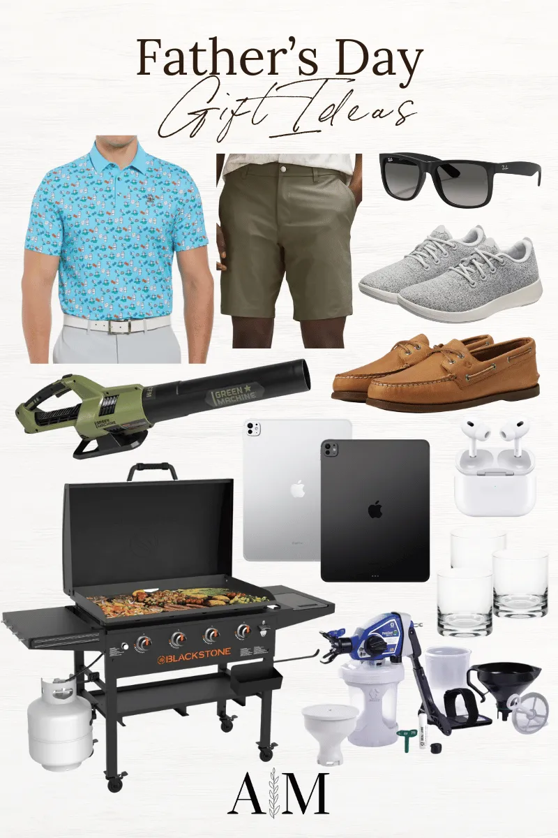father's day gift ideas collage, martini golf polo, lululemon shorts, sunglasses, sneakers, boat shoes, leaf blower, apple iPad pro, grill, paint spray kit, apple airpods, cocktail whiskey glass