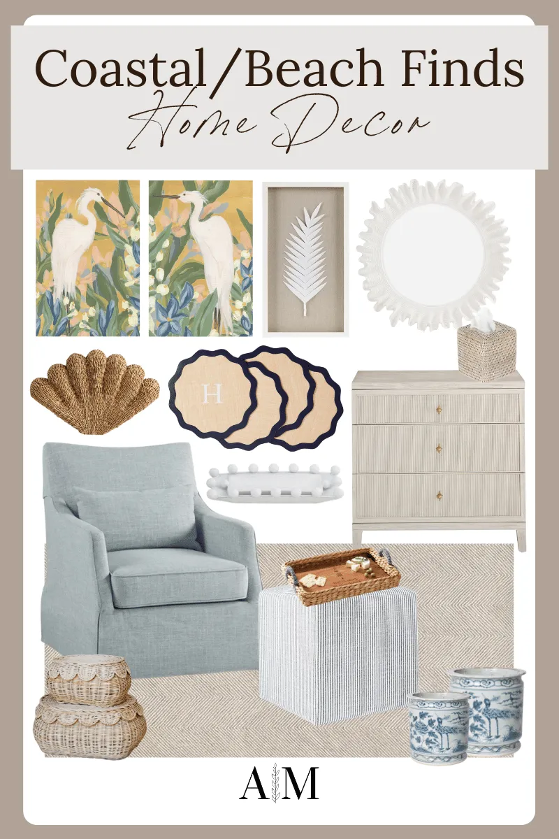 coastal/beach home decor finds, coastal bird wall art set, floral wall art, round wall mirror, placemats, woven seashell decor, light blue swivel chair, storage cabinet, rattan tissue box cover, white decorative tray, neutral area rug, rattan basket set, ottoman, woven tray, blue and white pots