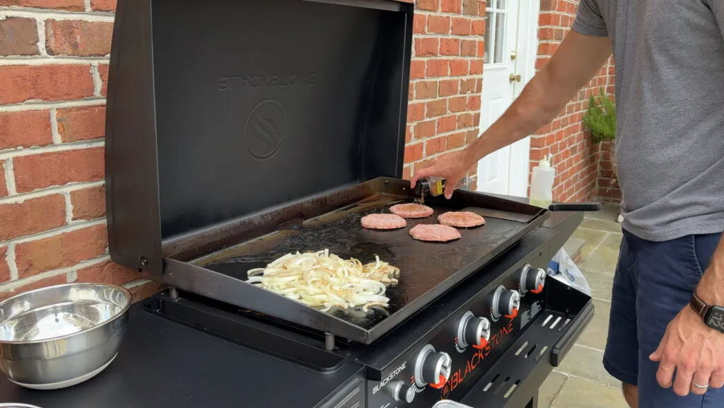 Cooking hamburgers on the 36" Blackstone Griddle