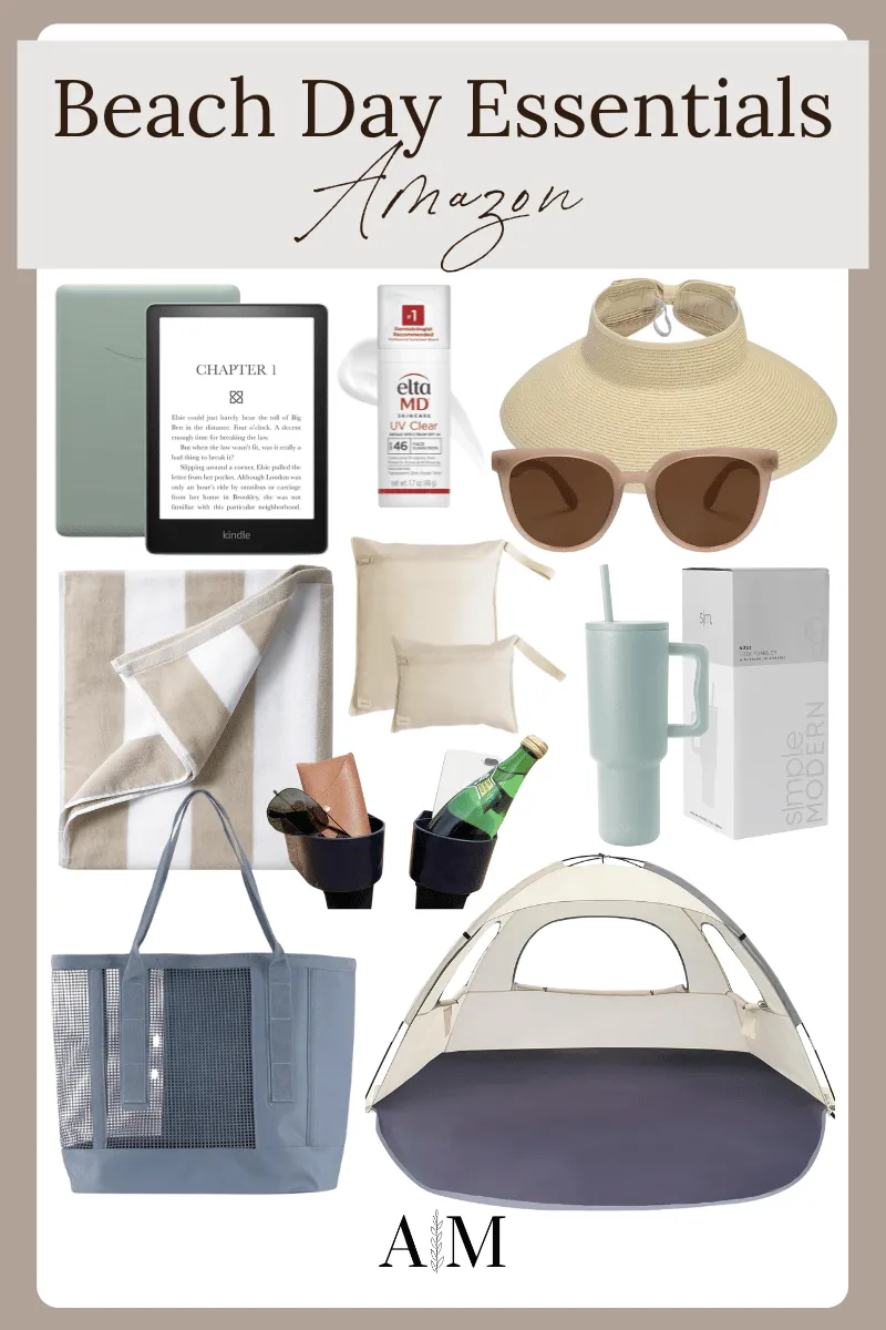 beach day essentials from Amazon, kindle paperwhite, face sunscreen, sun hat, sunglasses, beach towel, wet bags, simple modern tumbler, beach cup holders, beach tent, beach tote bag