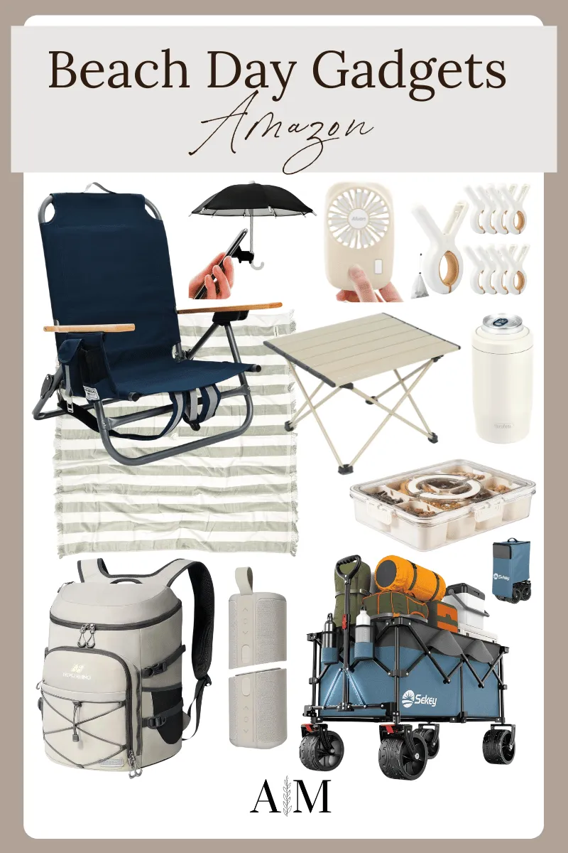 beach day gadgets from Amazon, folding beach chair, phone umbrella, mini fan, beach chair towel clips, beach blanket, portable table, skinny can cooler, cooler backpack, waterproof portable speaker, foldable wagon, divided serving tray with lid