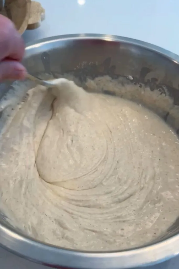 Just add water to the pancake mix and stir until the consistency is just right