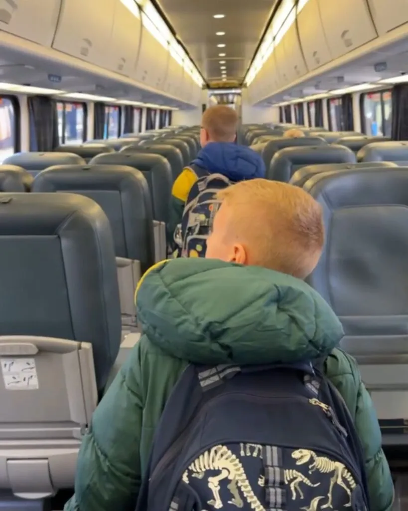 Tristan and Charlie onboard the Accela train