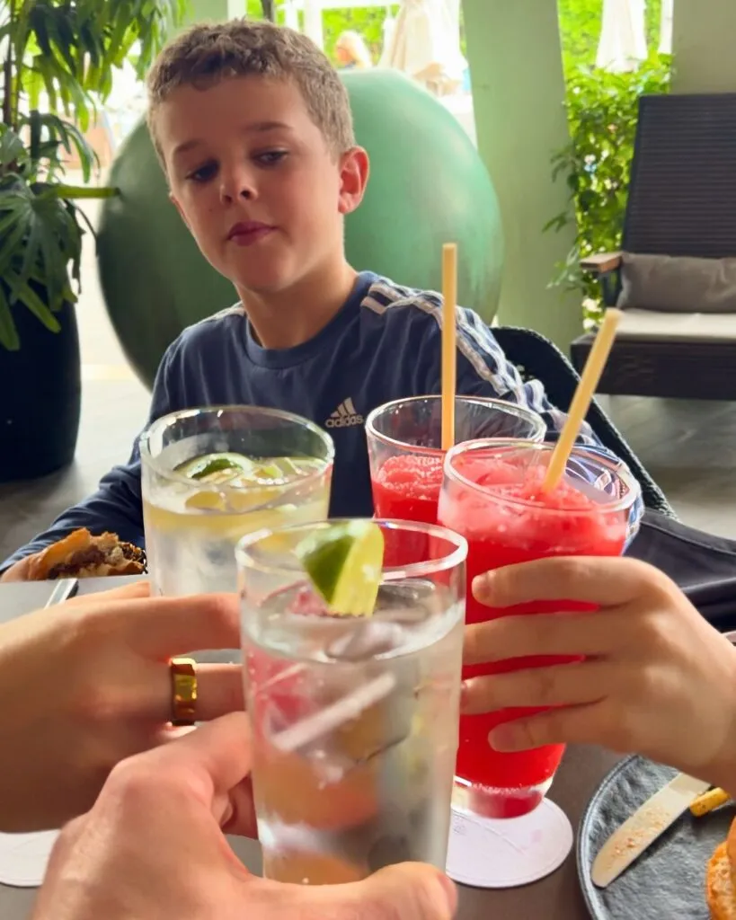 A "vacation" cheers with cold drinks for lunch at The Grill.